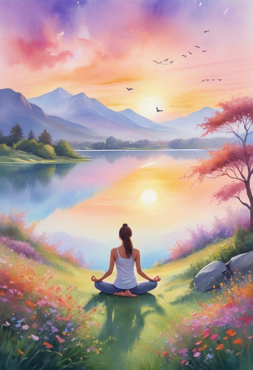 A serene landscape with a person practicing yoga on a grassy hilltop during sunrise, surrounded by blooming flowers and butterflies. In the background, a calm lake reflects the soft pastel colors of the sky. The person exudes calmness and positivity, enveloped in a gentle, warm light. watercolor painting. vibrant colors.