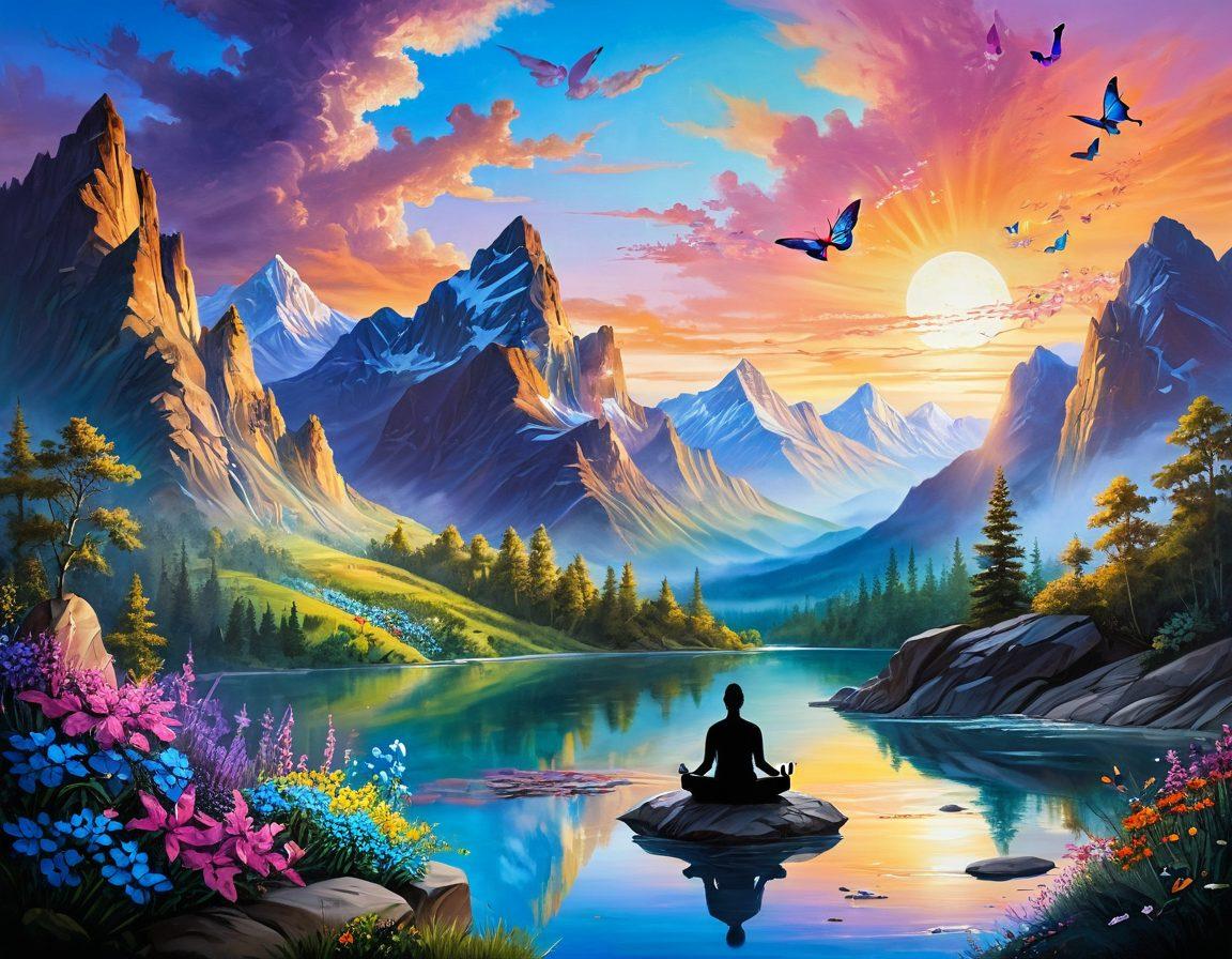 A serene landscape transitioning from a vibrant sunrise to a calm sunset, with a figure meditating on a mountaintop, surrounded by blooming flowers and graceful butterflies. The background showcases serene valleys and flowing rivers merging with majestic peaks. The entire scene symbolizes transformation from euphoria to tranquility, embodying well-being and happiness. Surreal painting. vibrant colors. peaceful atmosphere.