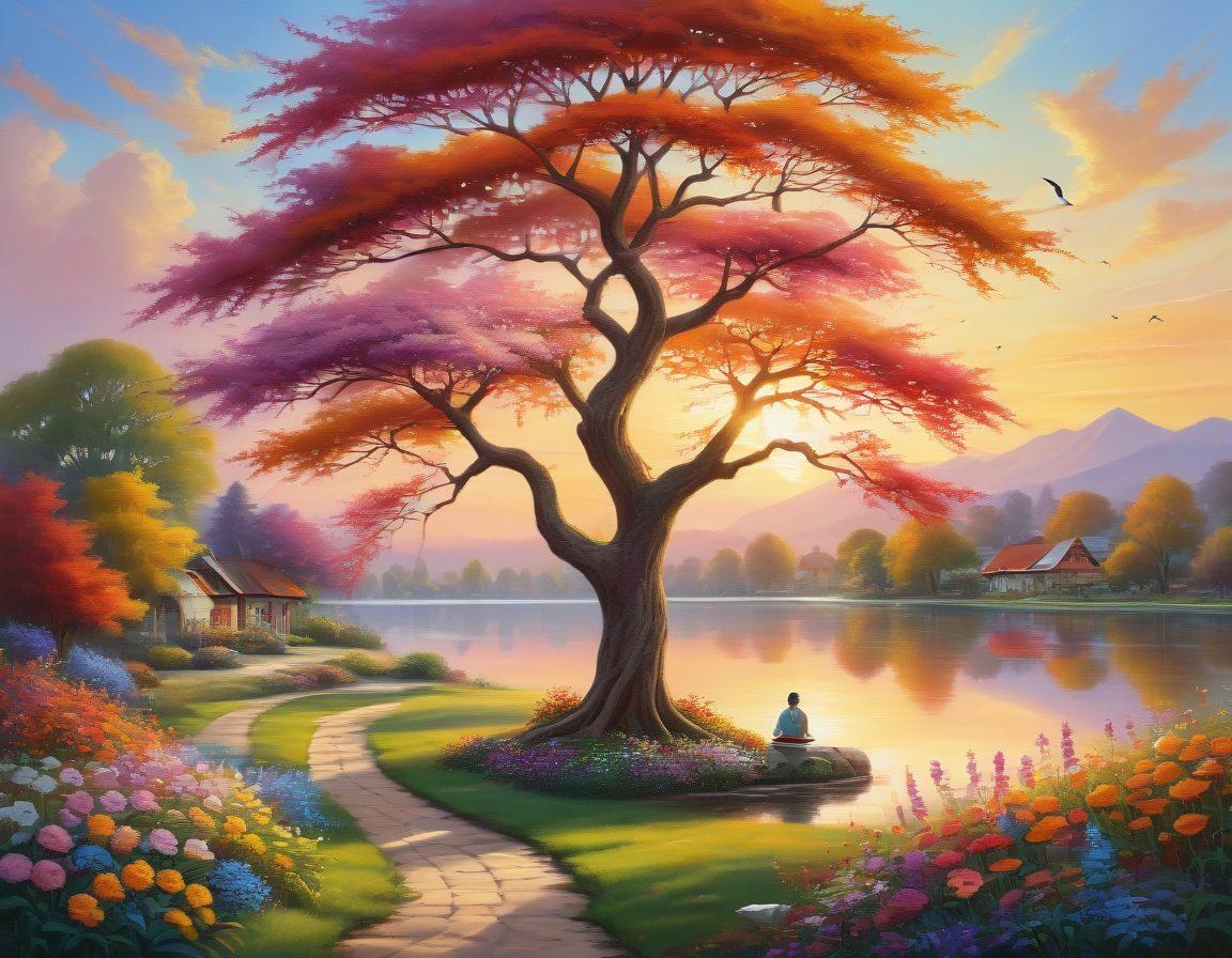 A serene landscape with a radiant sunrise over a tranquil lake, symbolizing new beginnings. A figure sitting in meditation under a large tree with colorful birds flying overhead, representing inner peace and happiness. Nearby, a path lined with blooming flowers, leading towards a picturesque village, embodying community and fulfillment. Vibrant colors. painting.